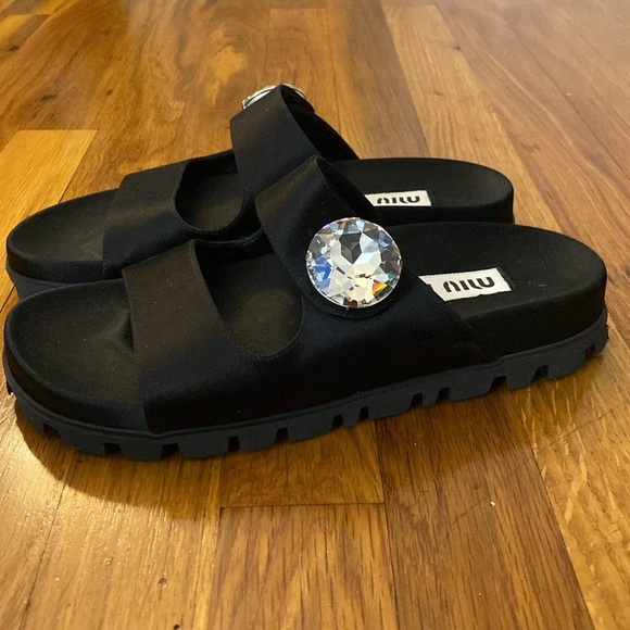 Miu Miu Women’s Black Sandals With Rhinestone Detailing Size 36.5 - Picture 10 of 11